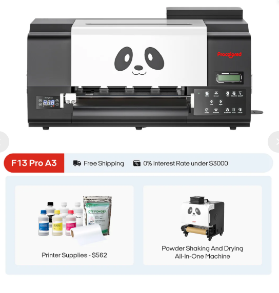 Procolored Dual XP600 CE Upgraded Free shipping F13 Pro Panda DTF Printer DIY 13" A3 Size With DTF Oven and Shaker Bundle