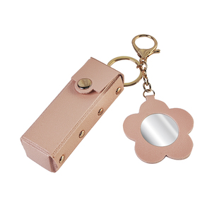 Cute Flower Mirror Leather Keychain Mini Lipstick Storage Bag