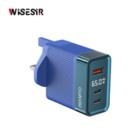 Chargeur rapide USB-C PD GaN 65W WISESIR avec protection OTP, QC3.0, 2 ports Type-C, adaptateur secteur mural compact