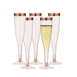 Altın jant altın Glitter ile 4OZ 6.5OZ dayanıklı kullanımlık plastik şampanya Coupes flüt