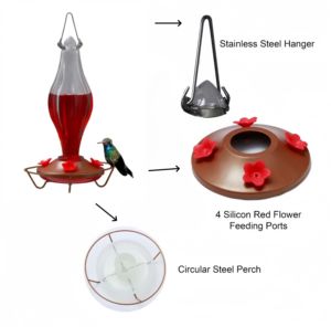 Abreuvoir à colibris en verre soufflé à la main pour jardin portable avec 4 ports d'alimentation en fleurs rouges en silicone - Product Image 3