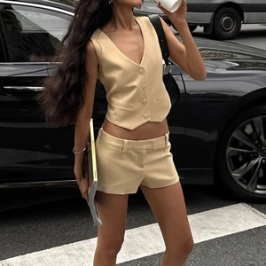 New Arrival Custom Wholesale <b>High</b> Quality Premium 2 Piece Set for Women Female Button Closure v Neck Vest Top Shorts Set - Product Image 2