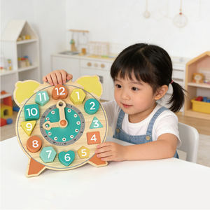 Orologio in Legno Giocattolo per Bambini per <span class=keywords><strong>Imparare</strong></span> il Tempo, <span class=keywords><strong>Numeri</strong></span>, Forme e Colori - Gioco di Abbinamento - Product Image 1