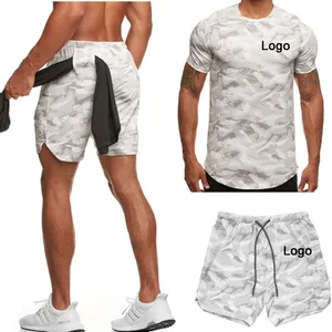 China Supplier Camouflage Printing Two Pieces Workout Shorts Sets Men Breathable Quick Dry Sports Sets Men Gym Clothes Short Set