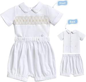 Garçon baptême baptême garçons mariage lin tenue nouveau-né infantile église tenues été à manches courtes smocké bébé - Product Image 6