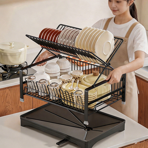 Égouttoir à vaisselle de cuisine à 2 niveaux au design élégant, <span class=keywords><strong>support</strong></span> pour brosses à vaisselle et ustensiles de chef, avec plateau de récupération des eaux - Product Image 3