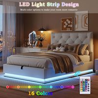Tête de lit moderne à plateforme beige avec boutons, système de rangement hydraulique et lumière LED, lit double rembourré pleine grandeur