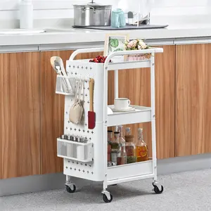 U Shape Handle 3 Tiers Metal Utility Cart Home Kitchen Mobile Rolling Storage Rack Hand Push Trolley With Double Pegboard