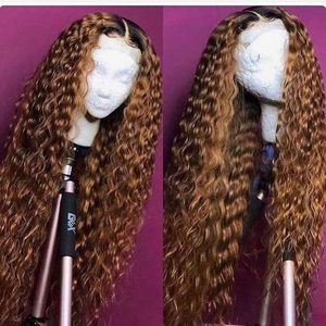 30 Inch 250 Density Highlight Honey Brown Curly <strong>Lace</strong> Front Human Hair Wigs,13x6 13x4 Ombre Colored Deep Wave <strong>Lace</strong> Frontal Wig - Product Image 3