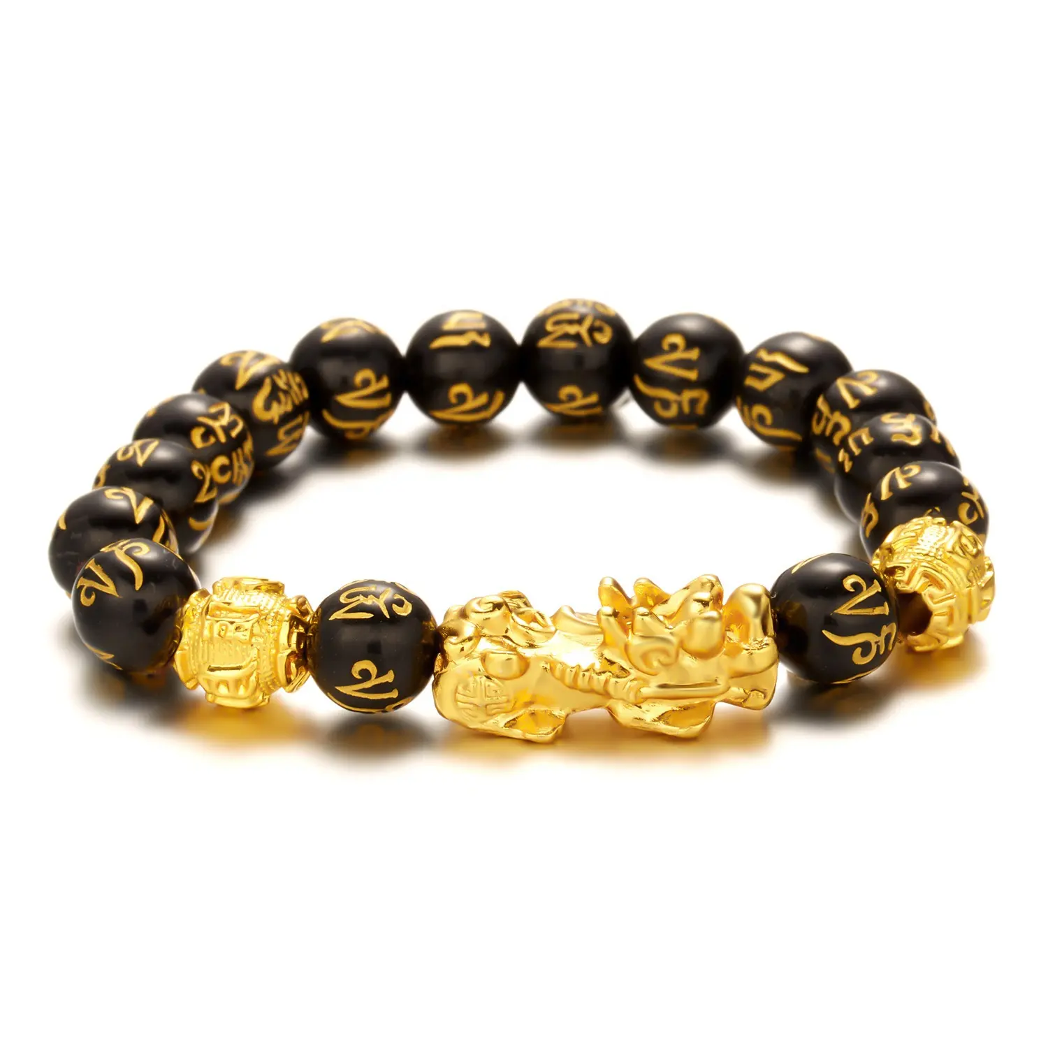 Hot Selling Personality Men's Natural Stone Beaded Jewelry Obsidian Pixiu Six-Character Mantra Elastic Bracelet