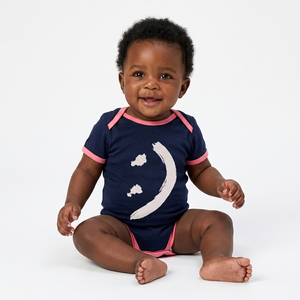 Barboteuse Bébé en Coton Bio Imprimé Bleu Marine Adorable avec Bordure Rose et Motif Sourire, Fermeture à Boutons Pression pour Nourrissons et Tout-Petits - Product Image 1