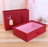 Boîte cadeau rouge style tiroir, texture lin, avec poignée en ruban gros-grain, pour étiquette personnalisée, vêtements, cadeau de mariage, boîte vide personnalisable