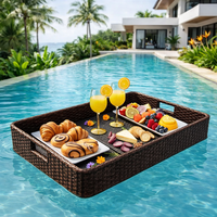 Plateau flottant rectangulaire de luxe pour hôtel, villa, bord de piscine, petit-déjeuner et goûter, en osier tressé à la main, forme de bateau, table en rotin
