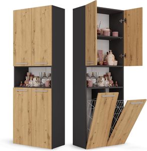 Mueble de Baño con Efecto Roble Gris Oscuro, con Puertas Dobles y Estantes Abiertos, Cesto para Ropa Sucia - Product Image 1