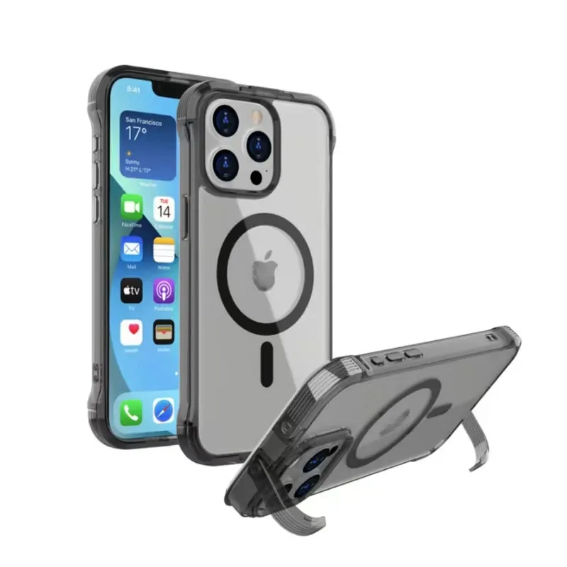 Nouvelle coque de téléphone transparente magnétique support de téléphone 2 en 1 coque de téléphone résistante aux chutes YPU + PC pour Apple 13/14/15