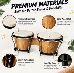 Set di Bongo Portatili da 6+7 Pollici in Legno di Quercia con Finitura Opaca Naturale e Pelle di Pecora Vera, Percussioni Manuali per Educazione Musicale Orff - Product Image 3