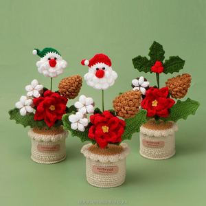 Christmas Table <b>Decoration</b> Gift Artificial Flowers Handmade Knitted Yarn Santa Claus Crochet Pot Plant - Product Image 2