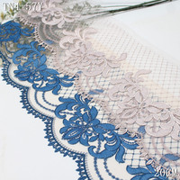 Dentelle brodée en tulle nude de 20 cm, motif floral bleu avec fil argenté brillant, Tela De Encaje pour robe, lingerie, décoration