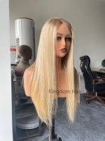 Collection Premium Cheveux Européens Blond Brillant avec Racine Foncé HD Lace Top Perruque avec Diamant Net Luxe Lace Front Perruque pour Femmes