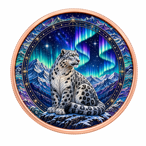 Moneta <span class=keywords><strong>in</strong></span> Rame Leopardo delle Nevi Aurora 5 AVDP oz .999 Fine Rilievo 3D ad Alta Definizione Colore UV Predatore di Montagna Arte Naturale - Product Image 1