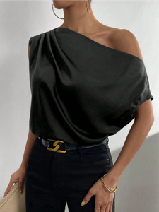 2026 Retro Breathable Solid Color <b>Satin</b> Simulated Silk One off Shoulder Sleeveless Pullover <b>Blouse</b> for Women - Product Image 3