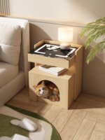 Table de chevet multifonctionnelle en bois pour animaux et humains avec niche pour chat, chargeur sans fil pour chambre à coucher