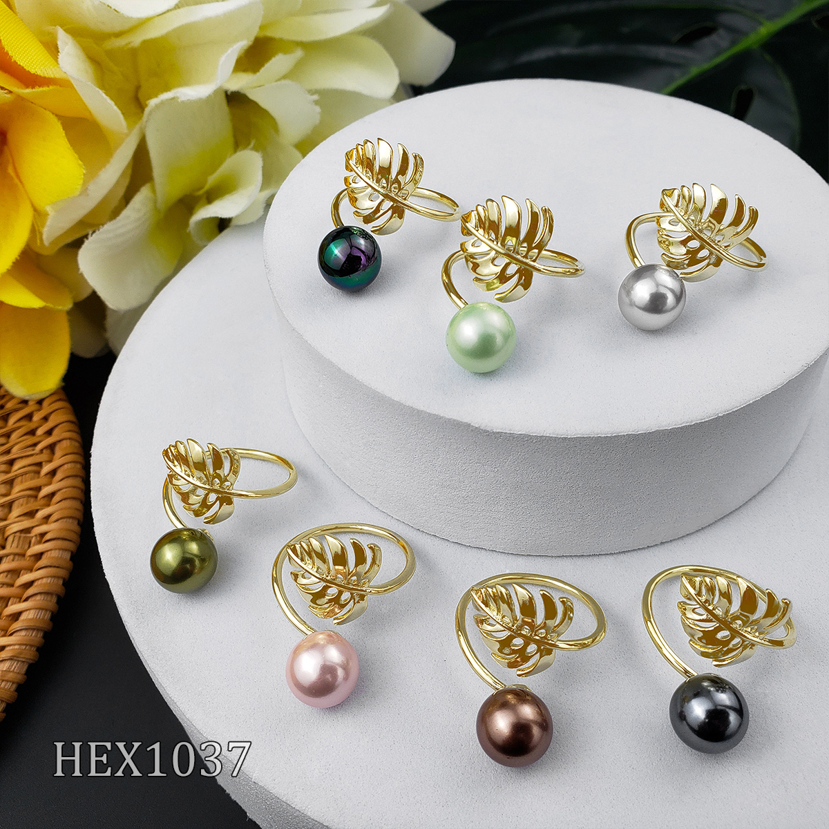 leaf rings flexible gold plated over brass hawaiian jewelry pearl ring for women whole sale