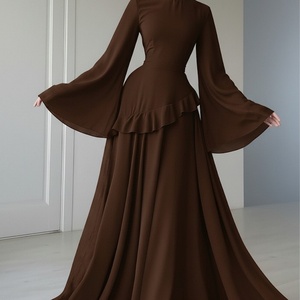 Modest Brown Chiffon Maxi Dress with Flared <b>Bell</b> Sleeves & Ruffle Detail | Elegant Muslim Formal Evening Gown (1115) - Product Image 1