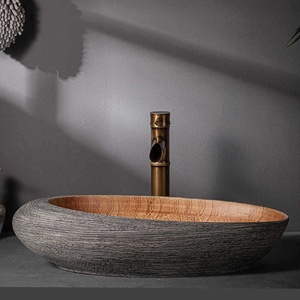 Lavabo de salle de bain ovale en céramique de style rétro, à poser sur le comptoir, nouveau style chinois, sans trou pour robinet - Product Image 1