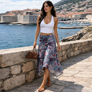 Falda midi de punto ajustada con estampado floral, corte bajo, dobladillo asimétrico, estilo Y2K vintage, malla irregular, para mujer, estilo streetwear americano. - Product Image 1