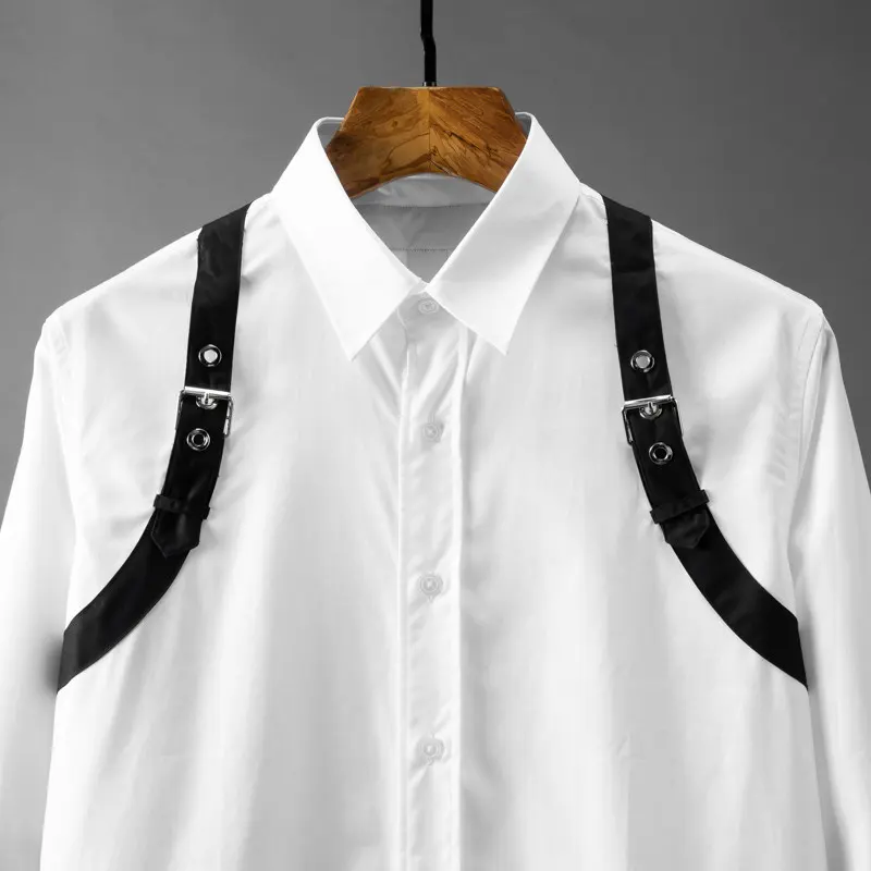New Design Fashion Cotton Men's Long Sleeved Shirt White Shirt Strap Design