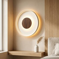 Applique Murale LED Ronde Moderne en Bois Naturel Noyer, Disque Dimmable 3 Couleurs pour Chambre, Salon, Hôtel, Lampe Murale Décorative