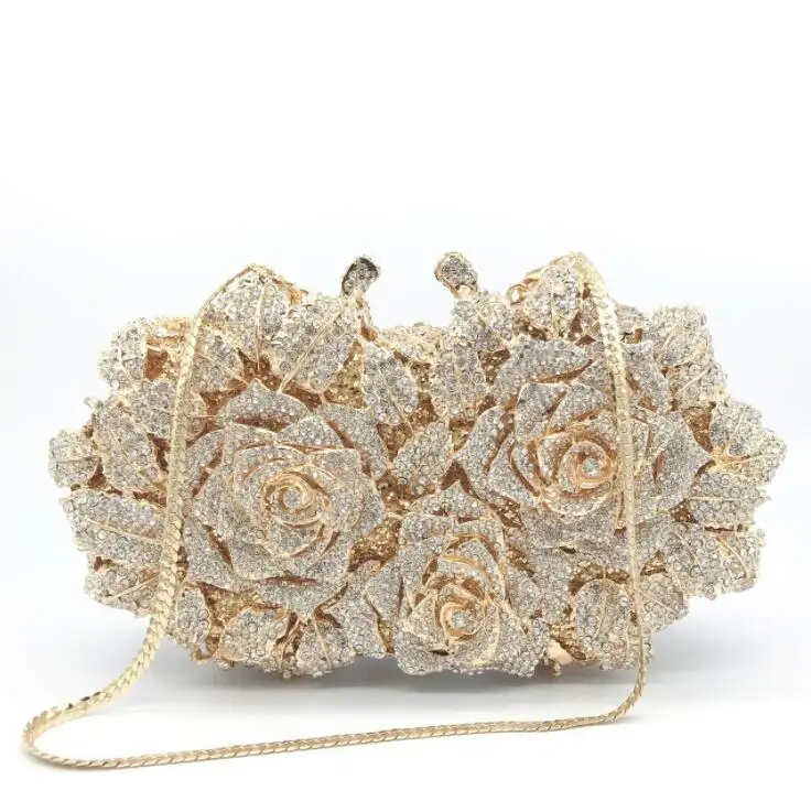 Bolso de mano de lujo con diamantes de imitación de cristal para mujer, cartera de mano dorada con flores para fiesta de graduación, para novia, venta al por mayor