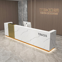 Comptoir de caisse en marbre, bureau de vente d'hôtel, réception haut de gamme en pierre de quartz, bois massif finition laquée, usage commercial