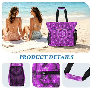 Sac fourre-tout aborigène bohème 2-en-1 avec logo personnalisé, motif floral mandala violet, en polyester, avec pochette - Product Image 4