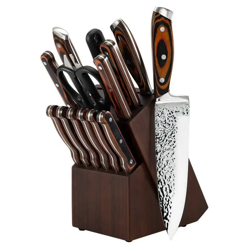 High Quality Stainless Steel Damascus Kitchen Set Knife Cutting meat cheese fruit vegetable knife with wood base