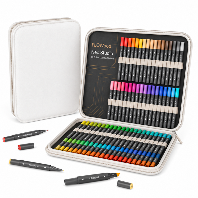 60 Colors Dual Tip Art Markers Fine & Chisel Broad Tip Bright Saturated Ink Portable Durable Case School Office Supplies Artists