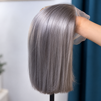 Wig Bob Pendek Rambut Manusia Warna Abu-abu Perak Ombre Bone Straight, Potongan Blunt, Abu-abu Pucat, Wig Bob Lurus Pre-Colored Grosir untuk Wanita