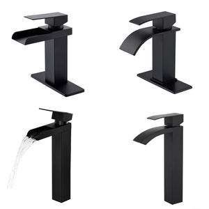 Robinet de <span class=keywords><strong>lavabo</strong></span> cascade noir moderne et minimaliste en céramique et acier inoxydable, à montage sur plan, avec bec carré large, pour eau chaude et froide - Product Image 2