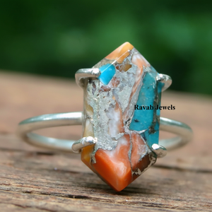 Bague éternité en argent sterling personnalisable huître épineuse cuivre turquoise pierre précieuse plaquée rhodium pour mariages et fêtes - Product Image 1