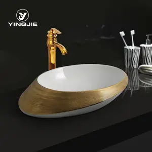 Bacia de cerâmica de ouro lavabo, lavabo de cerâmica de luxo dourado e branco, banheiro de mão lavatório de arte pia