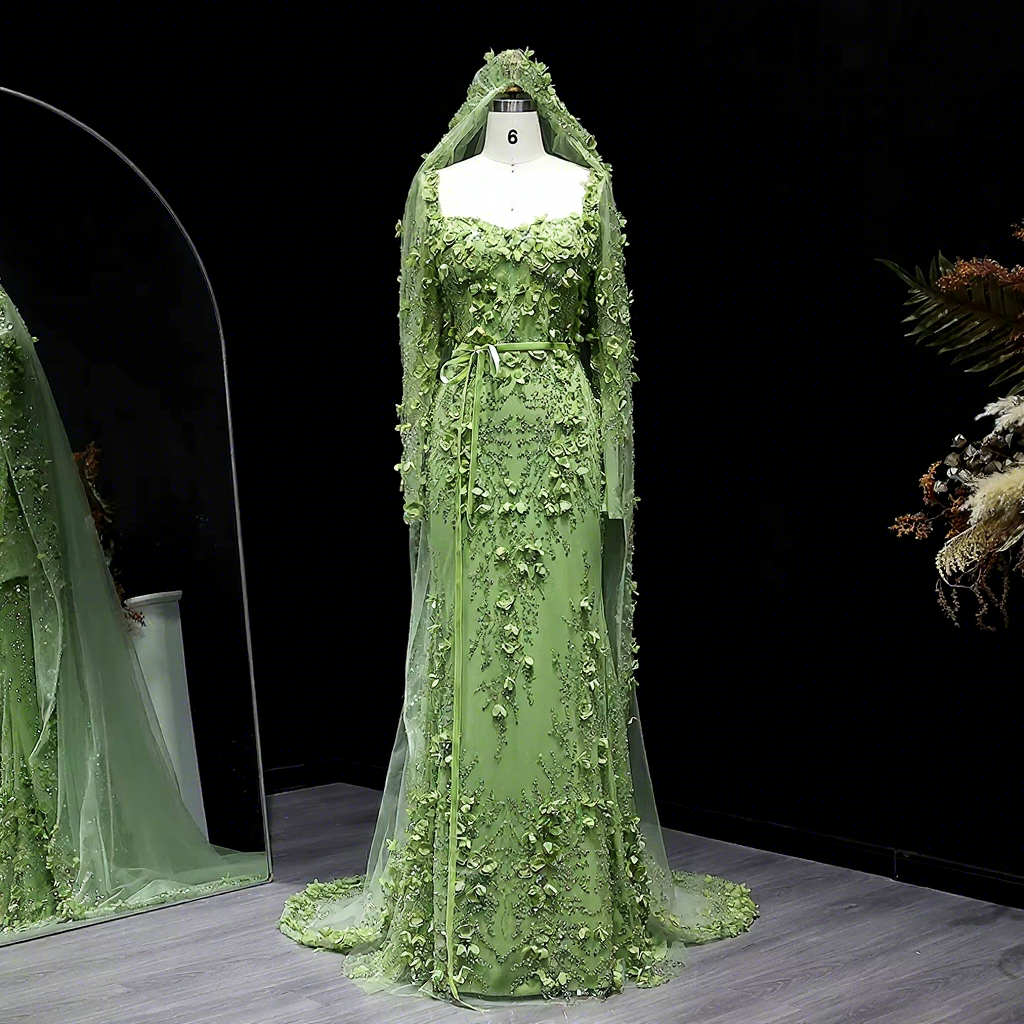 green emerald velvet dress Sheer Lime Green Chiffon Cape Dress with High Neck main image 0