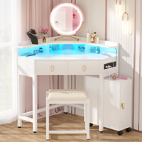 Bureau d'angle triangulaire moderne réglable avec miroir éclairé, station de charge et 2 tiroirs pour petit espace, chambre, salle à manger, coiffeuse
