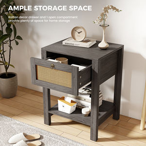 Table de chevet moderne en bois écologique faite à la main avec tiroir, étagère de rangement ouverte, plateau imperméable et bouton en laiton pour appartement et hôtel - Product Image 5