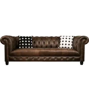 Sofá Industrial de cuero, asiento grande, Estilo vintage, chesterfield