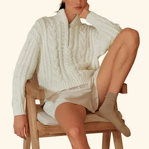 Suéter de punto de media cremallera de cable de algodón de gran tamaño informal de color blanco con logotipo personalizado para mujer