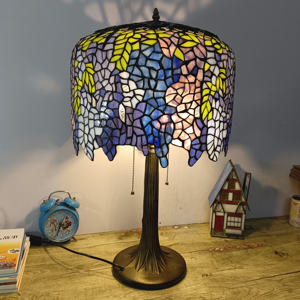 Lámpara de Mesa LED de 14'' con Diseño Europeo y Motivo de Glicinia China, Estilo Tiffany, Vidrio Artístico Hecho a Mano, Alimentación CA, Pantalla Azul para Cafetería - Product Image 2