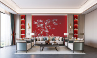 Papier peint floral rouge style Palais, Murale Chinoiserie Rouge, Mur d'ambiance de luxe pour Villa, Hôtel, Club et Espaces Commerciaux