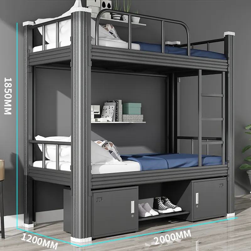 School 2 layers steel double decker metal bed iron bunk beds with bottom storage cabinet