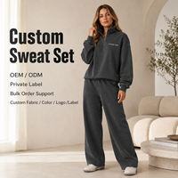 Ensemble de survêtement OEM pour femme en molleton de coton délavé gris anthracite, pull oversize à demi-zip et pantalon de survêtement à jambes larges